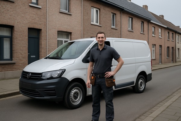 Servicewagen van de slotenmaker in een Vlaamse straat — Slotenmaker Victor