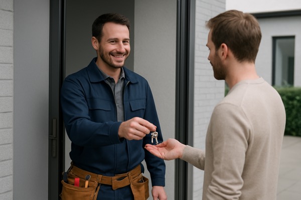 Slotenmaker overhandigt nieuwe sleutels aan de bewoner — Slotenmaker Victor